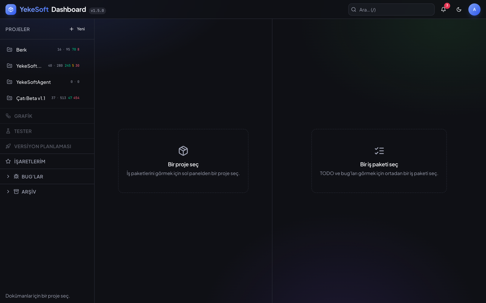 YekeSoftDashboard ana ekranı — proje listesi ve panel düzeni