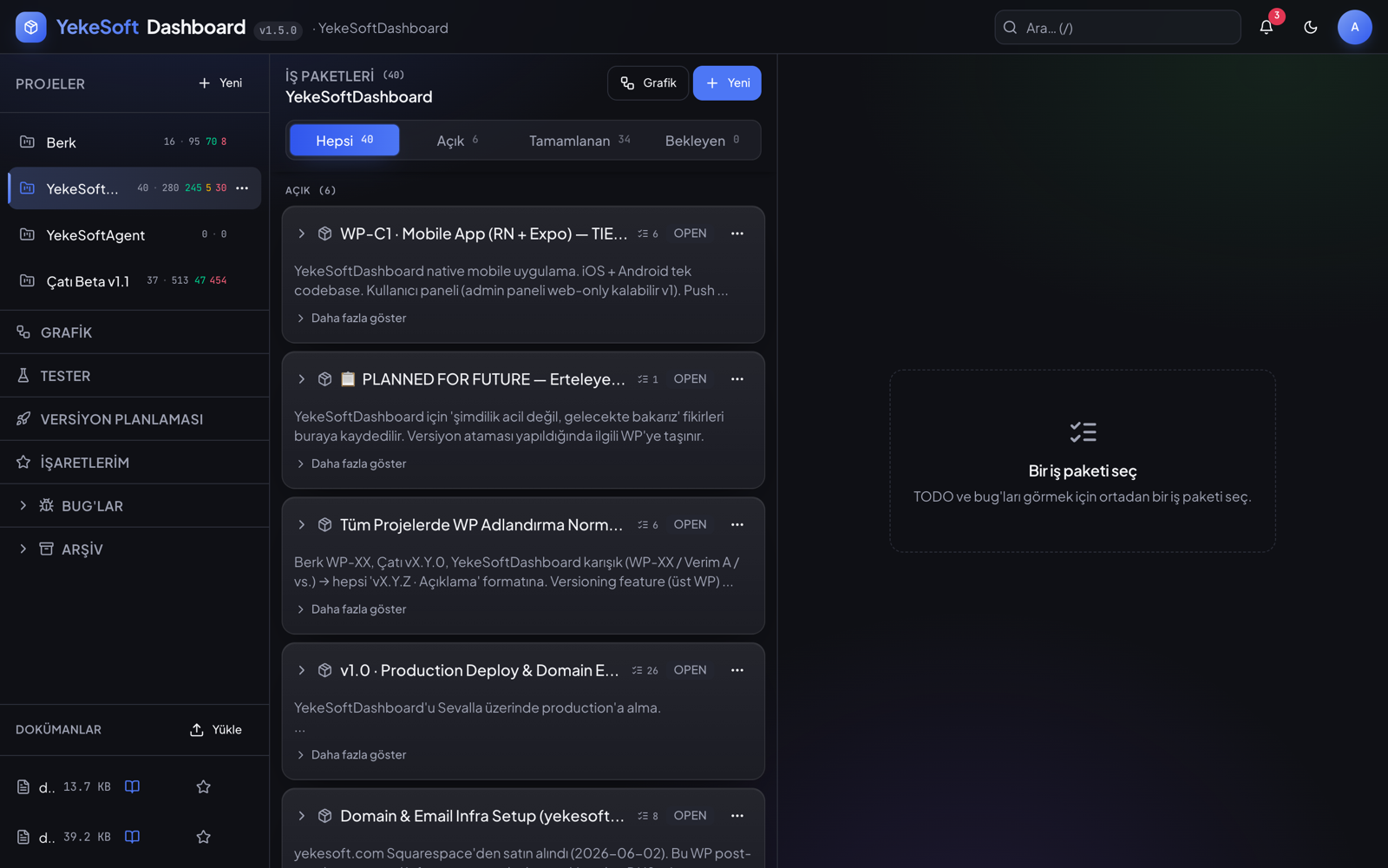 YekeSoftDashboard proje görünümü — iş paketleri ve durumları